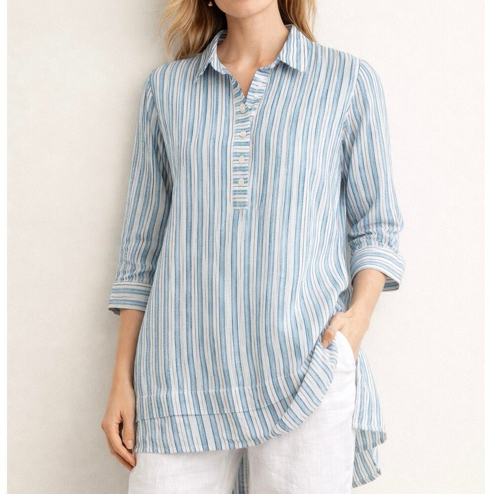 J Jill Love Linen Striped Tunic Top Blue White Hi Low Small Tall 100%